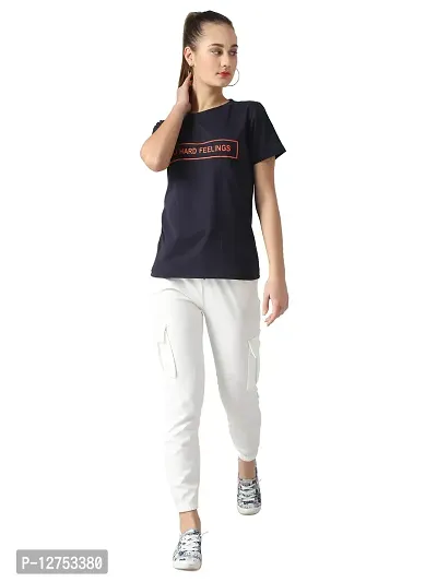 Popster Navy Blue Solid Cotton Round Neck Regular Fit Half Sleeve Womens T-Shirt-thumb5