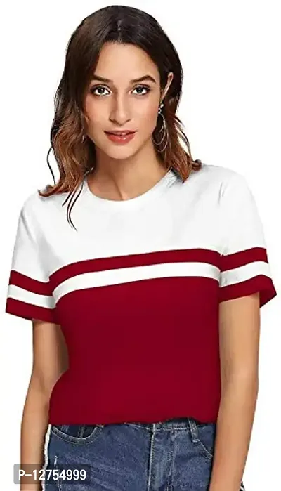 Popster White & Maroon Block Cotton Round Neck Regular Fit Half Sleeve Womens T-Shirt-thumb0