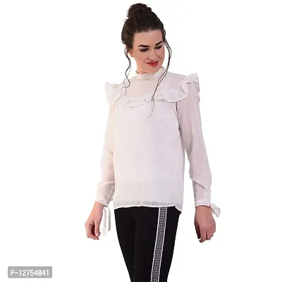 Popster Off White Foil Print Poly Georgette High Neck Slim Fit Long Sleeve Womens Top-thumb3