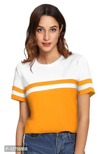 Popster Mustard Solid Cotton Round Neck Regular Fit Half Sleeve Womens T-Shirt(POP0222193-L)