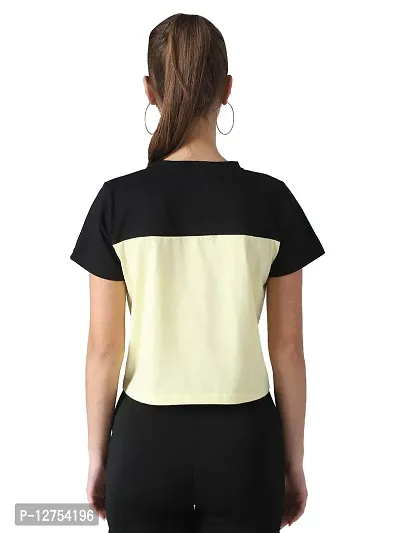 Popster Black & Light Yellow Solid Cotton Round Neck Regular Fit Half Sleeve Womens T-Shirt-thumb3