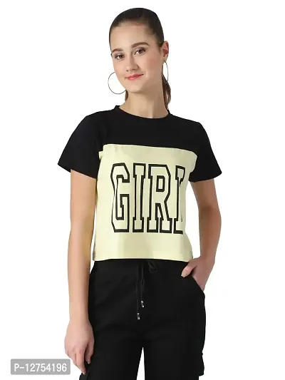 Popster Black & Light Yellow Solid Cotton Round Neck Regular Fit Half Sleeve Womens T-Shirt