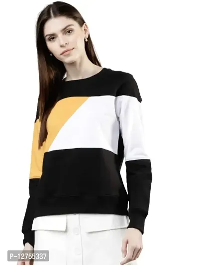 Popster Multi Color Blocked Cotton Round Neck Regular Fit Long Sleeve Womens Sweatshirt Mustard-thumb0