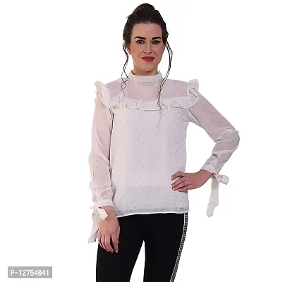 Popster Off White Foil Print Poly Georgette High Neck Slim Fit Long Sleeve Womens Top-thumb0