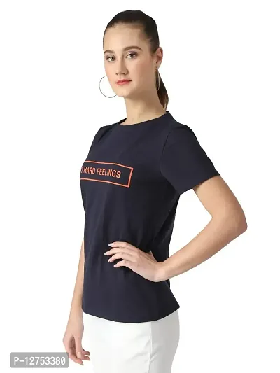 Popster Navy Blue Solid Cotton Round Neck Regular Fit Half Sleeve Womens T-Shirt-thumb2