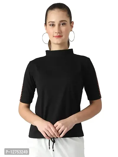 Popster Black Solid Cotton High Neck Regular Fit Half Sleeve Womens T-Shirt
