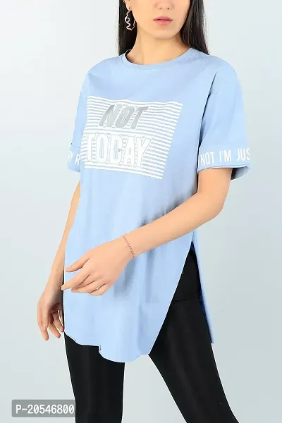 sky blue Printed Cotton Round Neck Loose fit Half Sleeve Womens T-Shirt