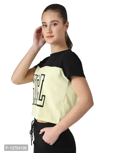 Popster Black & Light Yellow Solid Cotton Round Neck Regular Fit Half Sleeve Womens T-Shirt-thumb2