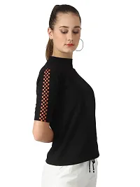 Popster Black Solid Cotton High Neck Regular Fit Half Sleeve Womens T-Shirt-thumb3