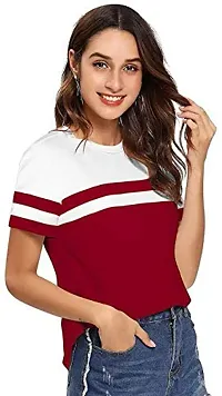 Popster White & Maroon Block Cotton Round Neck Regular Fit Half Sleeve Womens T-Shirt-thumb2