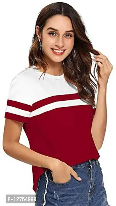 Popster White & Maroon Block Cotton Round Neck Regular Fit Half Sleeve Womens T-Shirt-thumb3