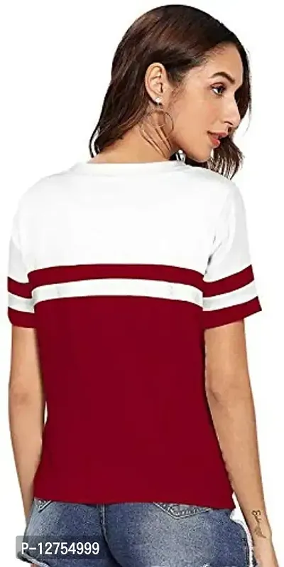 Popster White & Maroon Block Cotton Round Neck Regular Fit Half Sleeve Womens T-Shirt-thumb2