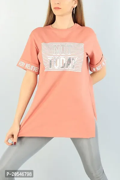 Peach Printed Cotton Round Neck Regular Fit Half Sleeve Womens T-Shirt