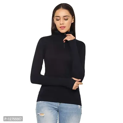 Popster Navy Blue Solid Cotton High Neck Regular Fit Long Sleeve Womens T-Shirt (POP0118374-A)