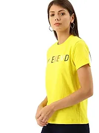 Popster Yellow Printed Cotton Round Neck Regular Fit Half Sleeve Womens Tshirt (POP0118417-L)-thumb2