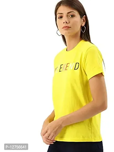 Popster Yellow Printed Cotton Round Neck Regular Fit Half Sleeve Womens Tshirt (POP0118417-L)-thumb3