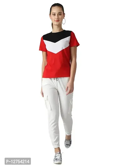 Popster Red & Black Color Block Cotton Round Neck Regular Fit Half Sleeve Womens T-Shirt-thumb5