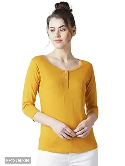 Popster Mustard Solid Cotton Round Neck Slim Fit 3/4 Sleeve Womens T-Shirt