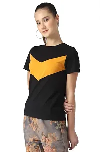 Popster Black & Mustard Color Block Cotton Round Neck Regular Fit Half Sleeve Womens T-Shirt-thumb1