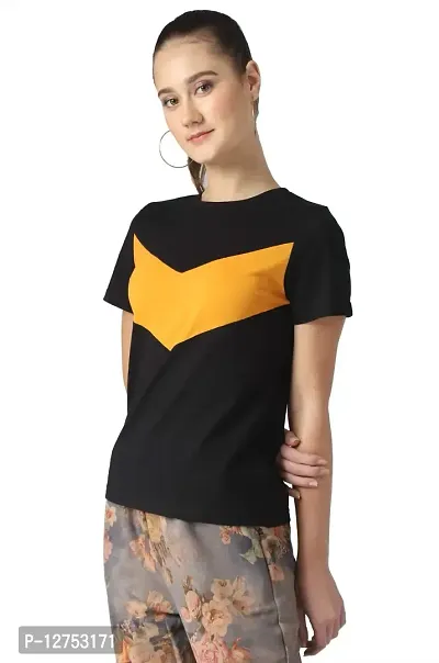 Popster Black & Mustard Color Block Cotton Round Neck Regular Fit Half Sleeve Womens T-Shirt-thumb2