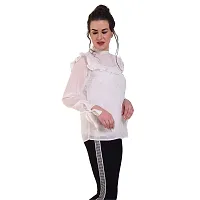 Popster Off White Foil Print Poly Georgette High Neck Slim Fit Long Sleeve Womens Top-thumb1