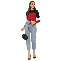 Popster Multi Color Blocked Cotton Round Neck Regular Fit Long Sleeve Womens Crop T-Shirt Maroon-thumb4