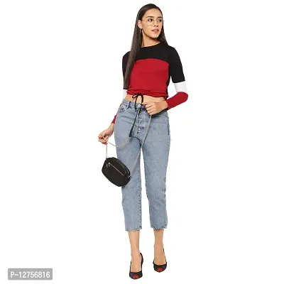 Popster Multi Color Blocked Cotton Round Neck Regular Fit Long Sleeve Womens Crop T-Shirt Maroon-thumb5