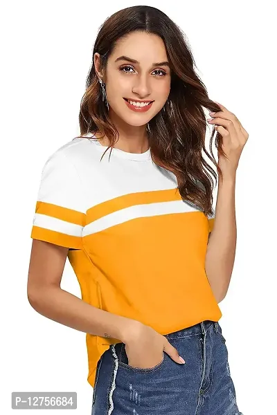 Popster Block Cotton Round Neck Regular Fit Half Sleeve Womens T-Shirt (S) Mustard-thumb2