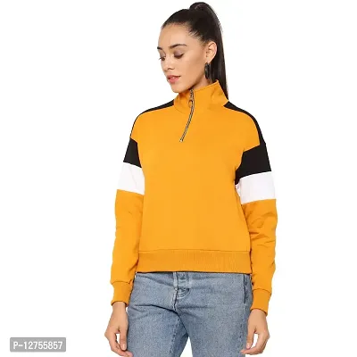 Popster Mustard Color Block Cotton High Neck Regular Fit Long Sleeve Womens Sweatshirt-thumb3