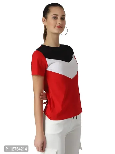 Popster Red & Black Color Block Cotton Round Neck Regular Fit Half Sleeve Womens T-Shirt-thumb4