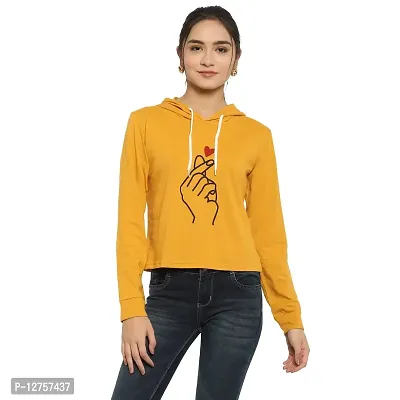 Popster Mustard Printed Cotton Hoody Regular Fit Long Sleeve Womens Tshirt(POP0118438-MUS-S)