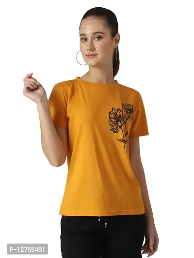 Popster Mustard Solid Cotton Round Neck Regular Fit Half Sleeve Womens T-Shirt-thumb0