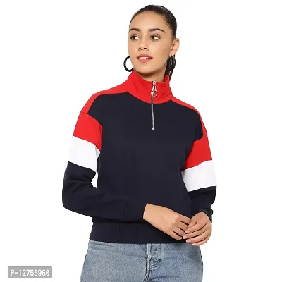 Popster Color Block Cotton High Neck Regular Fit Long Sleeve Womens Sweatshirt-thumb0