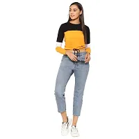 Popster Multi Color Blocked Cotton Round Neck Regular Fit Long Sleeve Womens Crop T-Shirt Mustard-thumb4