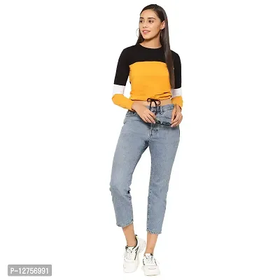 Popster Multi Color Blocked Cotton Round Neck Regular Fit Long Sleeve Womens Crop T-Shirt Mustard-thumb5