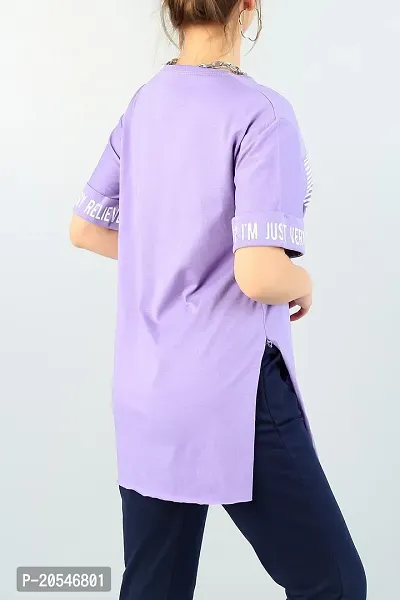 Lavender Printed Cotton Round Neck Loose fit Half Sleeve Womens T-Shirt-thumb2