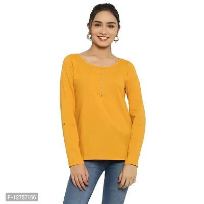 Popster Mustard Solid Cotton Henley Regular Fit Long Sleeve Womens Tshirt(POP0118414-YLW-XL)-thumb0