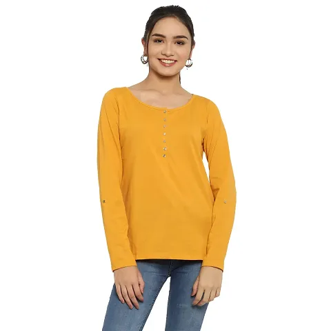 Popster Solid Cotton Henley Regular Fit Long Sleeve Womens Tshirt