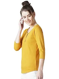 Popster Mustard Solid Cotton Round Neck Slim Fit 3/4 Sleeve Womens T-Shirt-thumb2