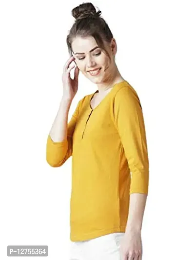 Popster Mustard Solid Cotton Round Neck Slim Fit 3/4 Sleeve Womens T-Shirt-thumb3