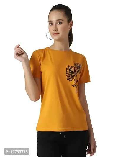 Popster Mustard Solid Cotton Round Neck Regular Fit Half Sleeve Womens T-Shirt-thumb0