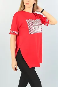 Red Printed Cotton Round Neck Regular Fit Half Sleeve Womens T-Shirt-thumb2