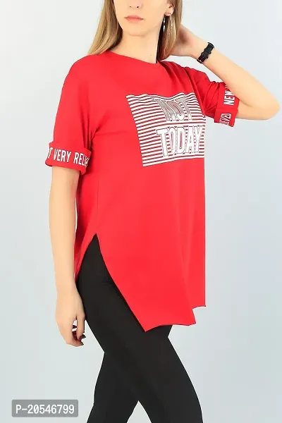 Red Printed Cotton Round Neck Regular Fit Half Sleeve Womens T-Shirt-thumb3