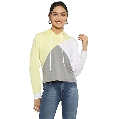 Popster Multicolor Color Block Cotton Hoody Regular Fit Long Sleeve Womens Tshirt(POP0118450-LGR-L)