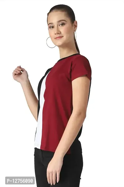 Popster Maroon & Black Color Blocked Cotton Round Neck Regular Fit Half Sleeve Womens T-Shirt(POP0720279-XL)-thumb2