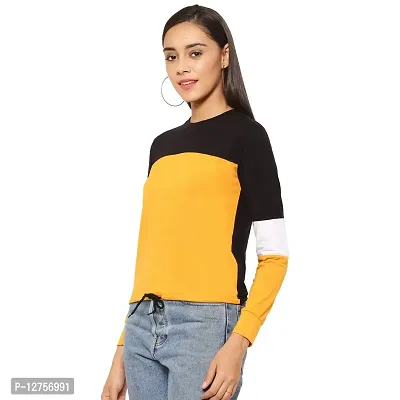 Popster Multi Color Blocked Cotton Round Neck Regular Fit Long Sleeve Womens Crop T-Shirt Mustard-thumb3