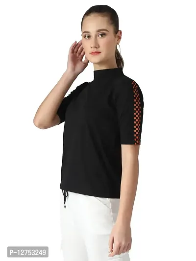 Popster Black Solid Cotton High Neck Regular Fit Half Sleeve Womens T-Shirt-thumb2