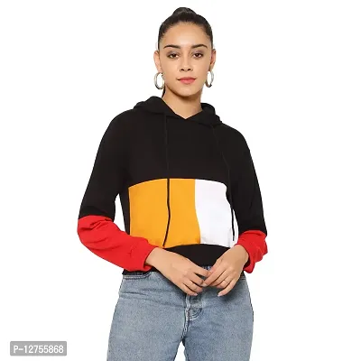 Popster Multi Color Block Cotton Hoody Regular Fit Long Sleeve Womens Sweatshirt Mustard