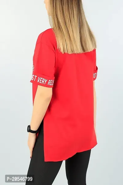 Red Printed Cotton Round Neck Regular Fit Half Sleeve Womens T-Shirt-thumb2