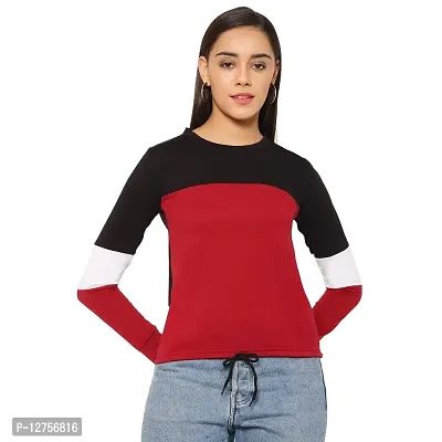 Popster Multi Color Blocked Cotton Round Neck Regular Fit Long Sleeve Womens Crop T-Shirt Maroon-thumb0